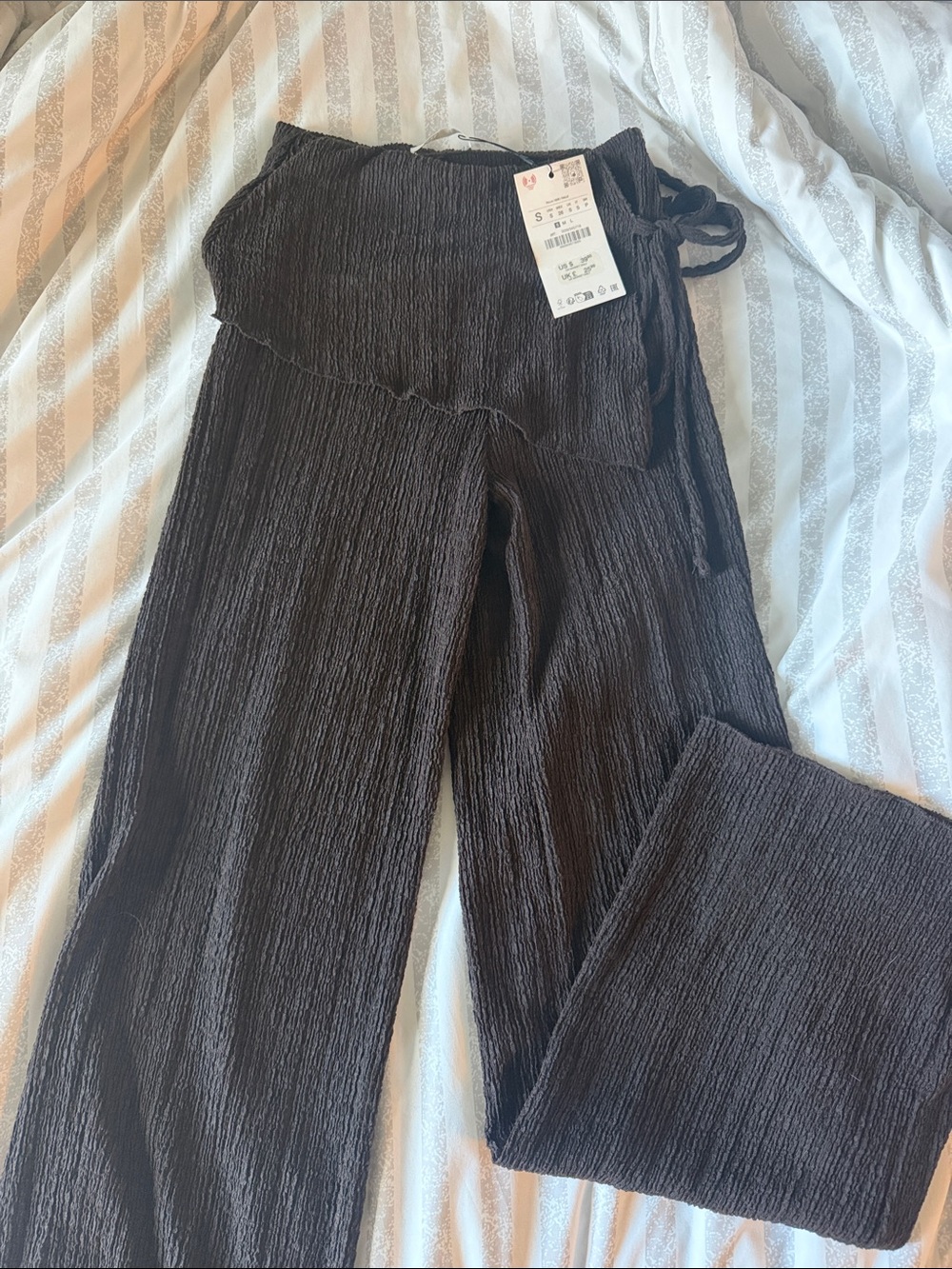 Zara Dark Brown Wide-Leg Crinkle Wrap Pants